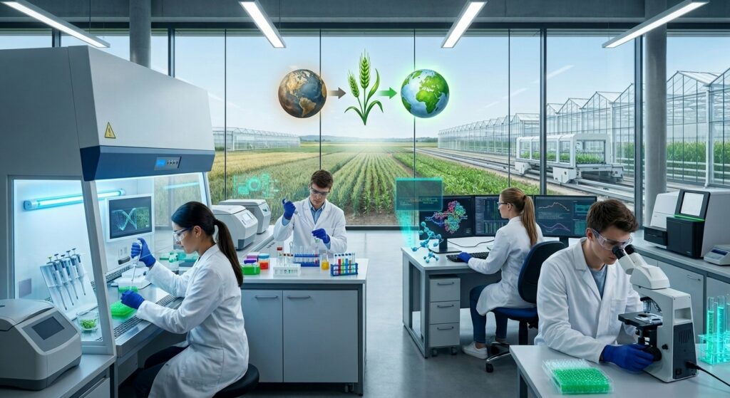 KI-generiertes Bild: Auszubildende in Laborkitteln pipettieren an einer Sicherheitswerkbank, arbeiten am Bildschirm und mikroskopieren, durch die Glasfront Blick auf Versuchsfelder und Gewächshäuser