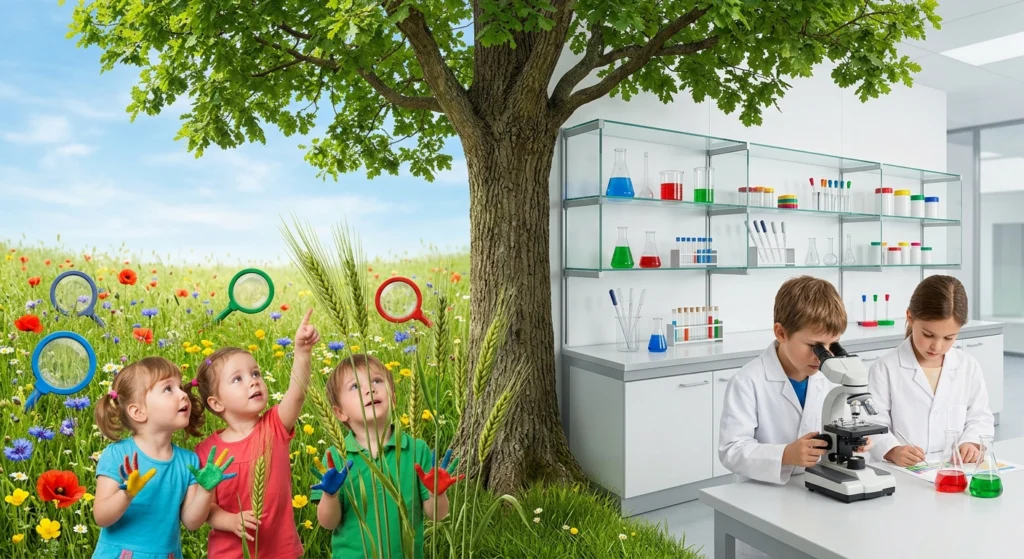 KI-generiertes Bild: Drei kleine Kinder mit bunt bemalten Händen in einer Blumenwiese unter einem Baum, daneben ein Labor, in dem zwei Kinder in Kitteln mikroskopieren und notieren